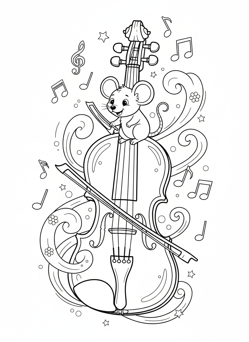 Charming Violin & Cheerful Mouse: A Whimsical Music Coloring Page