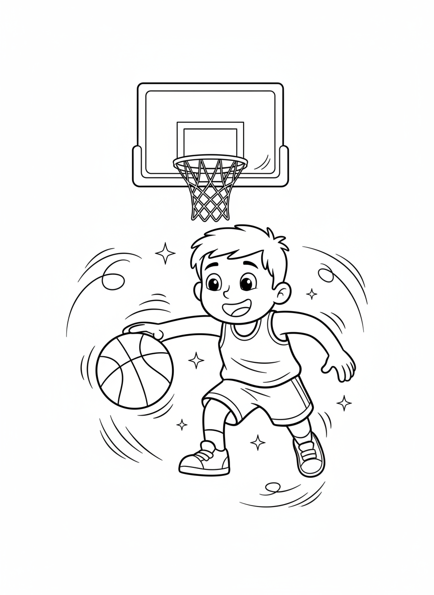 快樂卡通籃球運動員運球著色頁