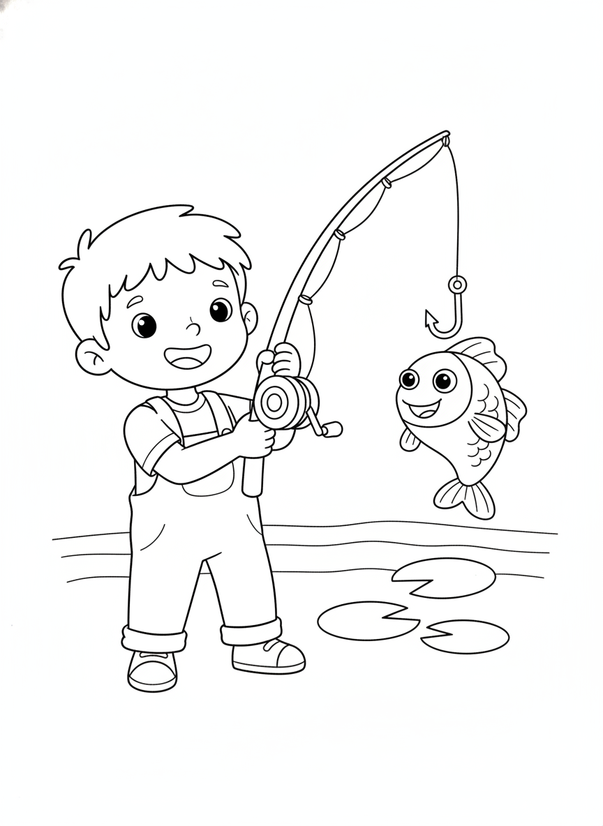 Cheerful Child Fishing Fun with a Friendly Fish Coloring Page