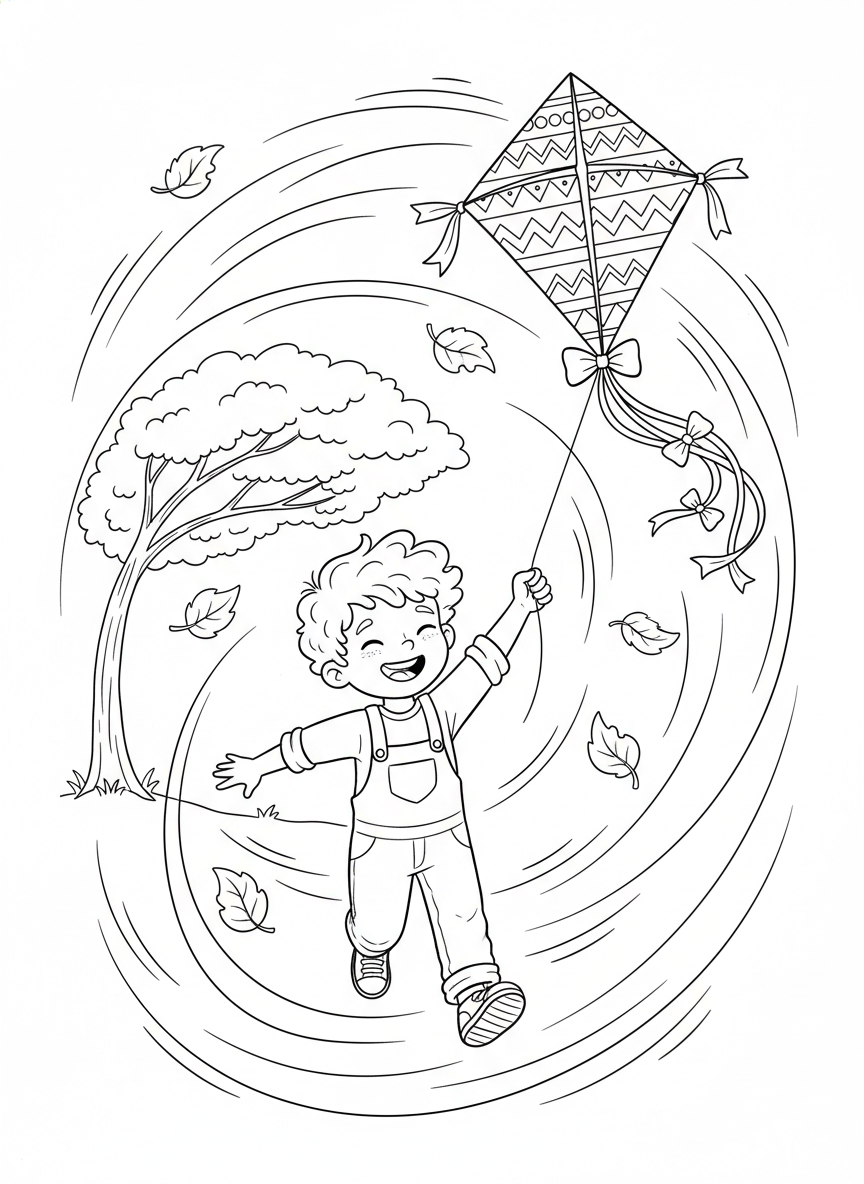 Cheerful Child Flying a Kite in a Breezy Park Coloring Page
