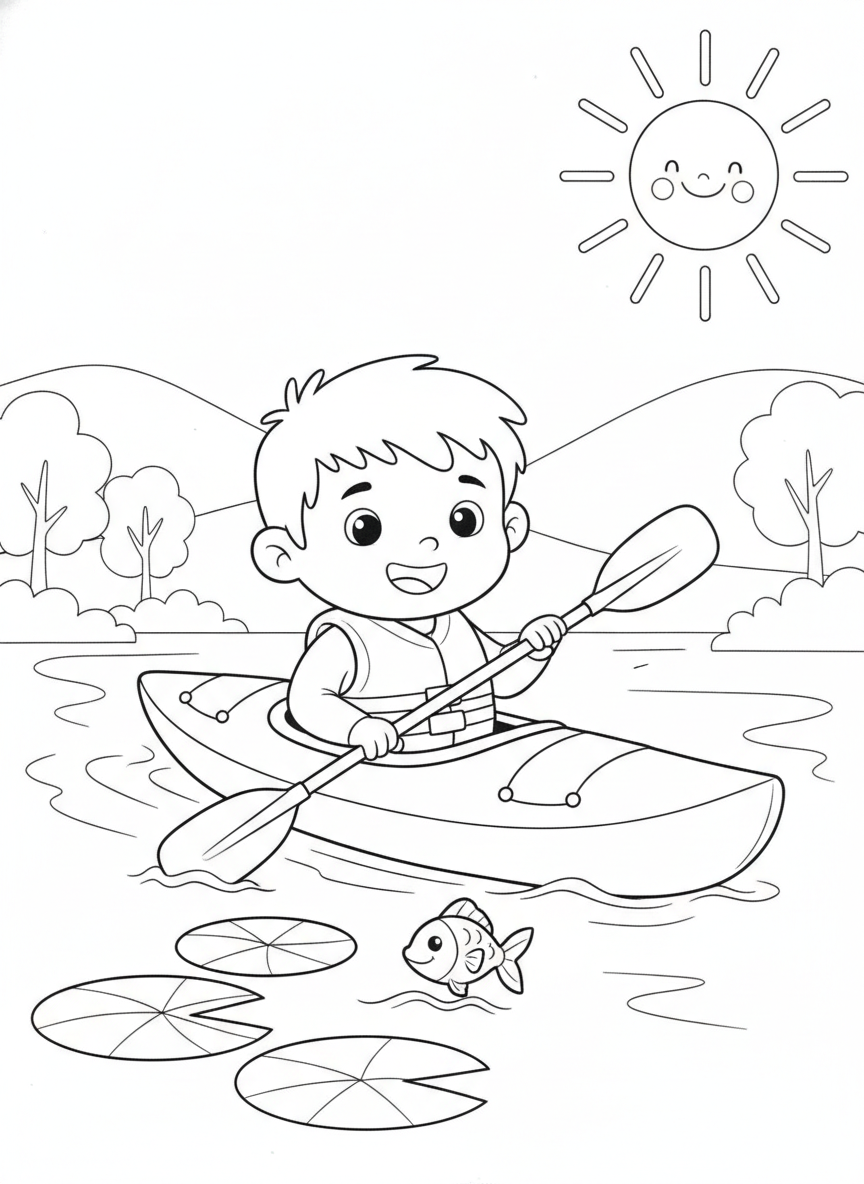 Cheerful Child Kayaking on a Peaceful Lake Coloring Page