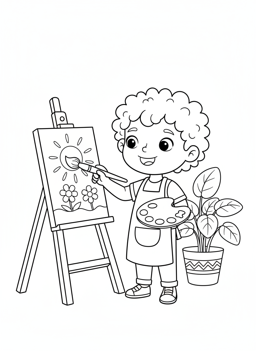Cheerful Child Painting on an Easel Coloring Page