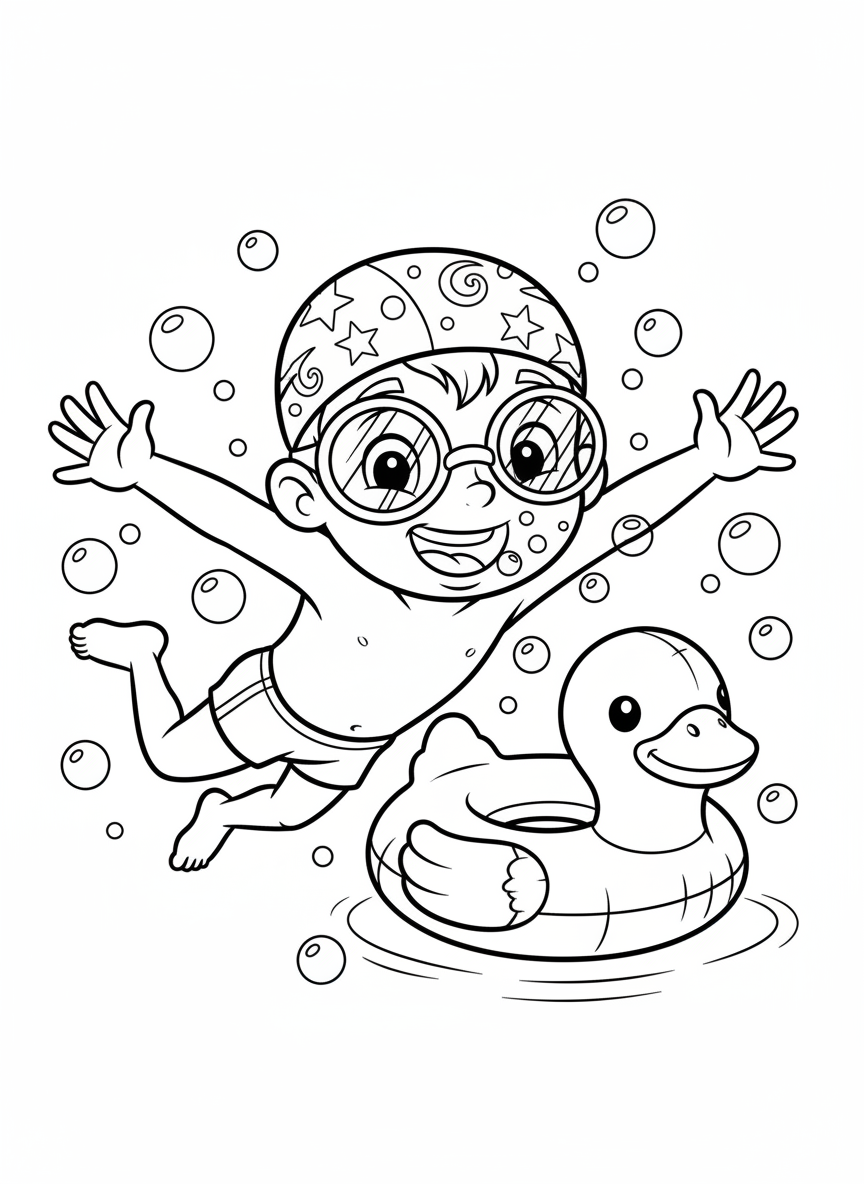 Cheerful Child Swimming Underwater Coloring Page
