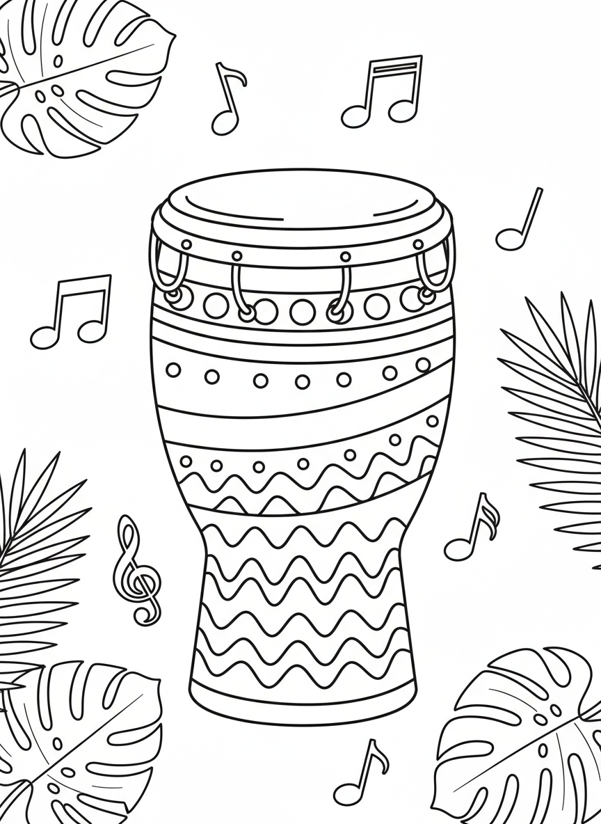 Cheerful Conga Drum with Playful Music Notes Coloring Page