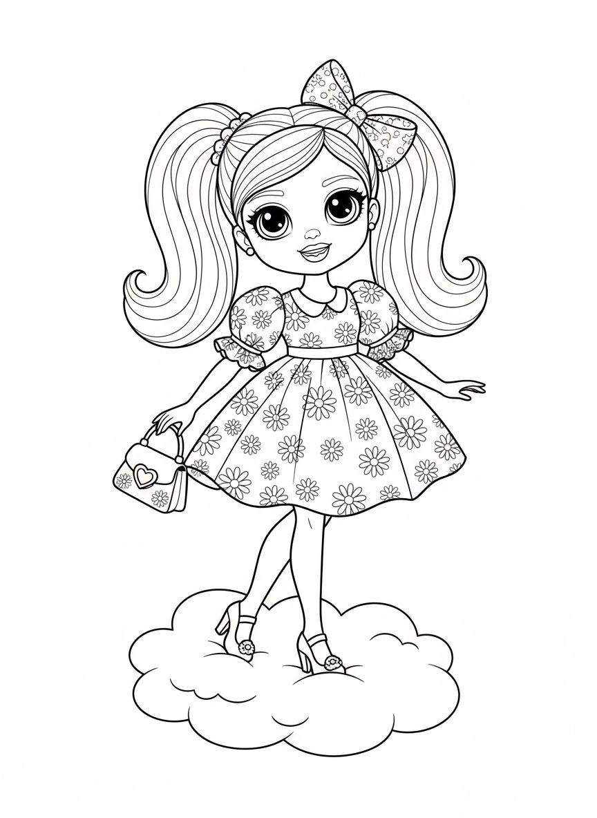 Cheerful Fashion Doll on a Cloud Coloring Page for Kids