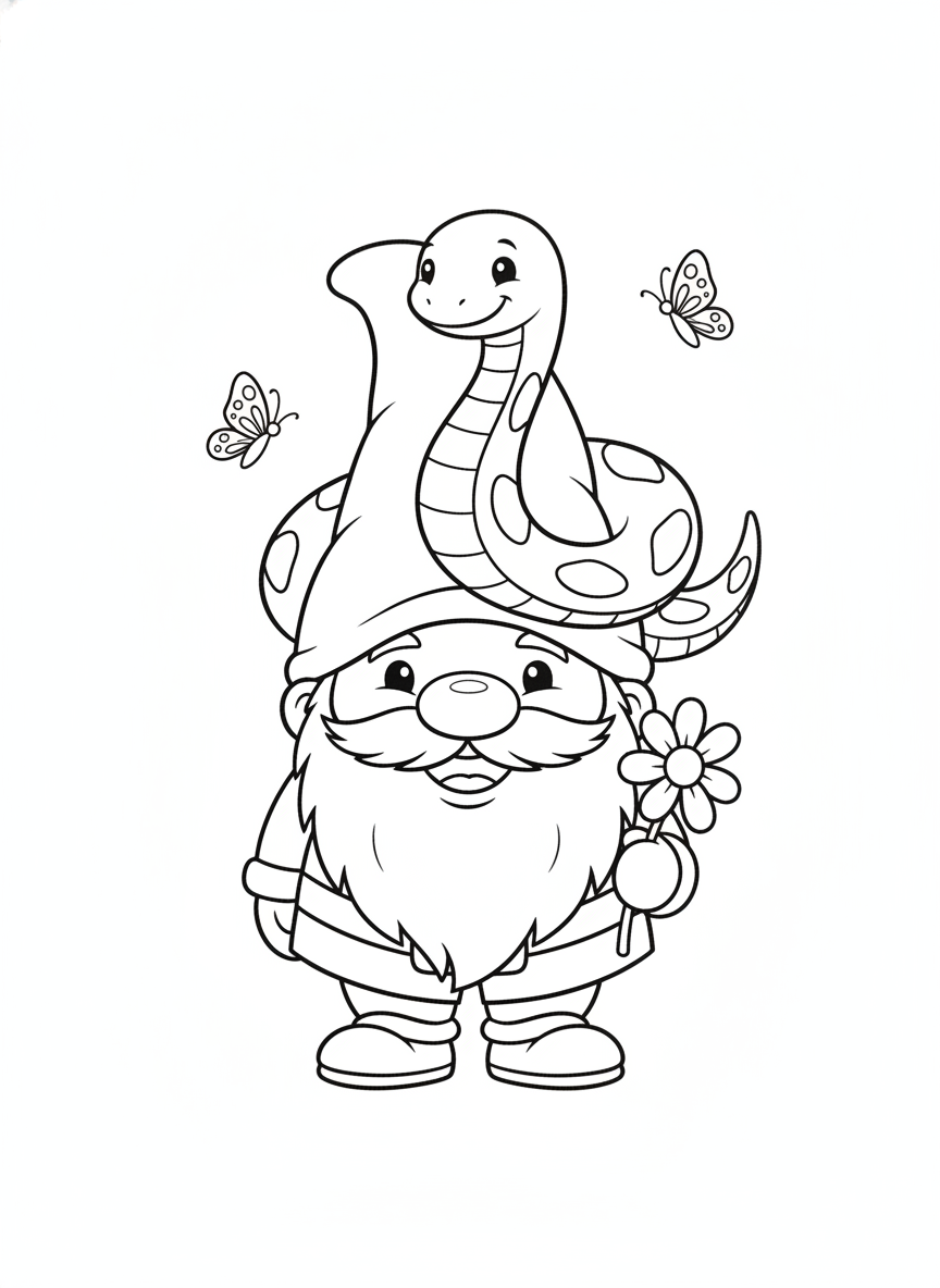 Cheerful Garden Gnome with Friendly Snake & Butterflies Coloring Page