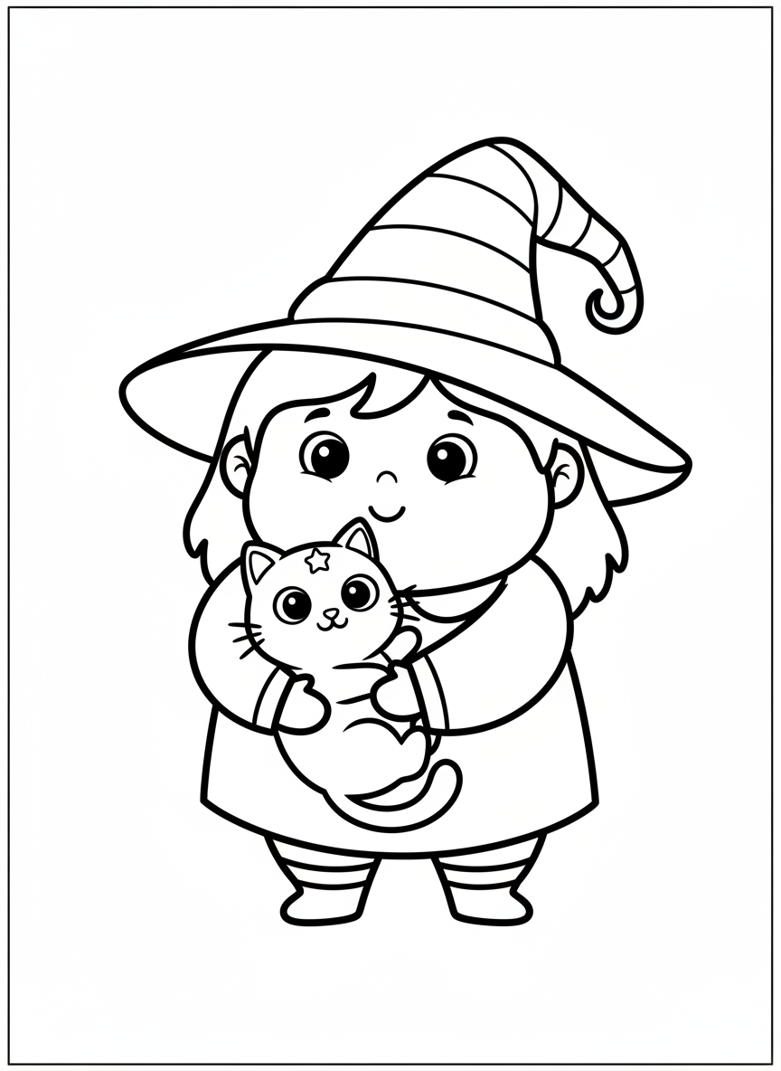 Cheerful Little Witch with Her Cute Black Cat Coloring Page for Kids