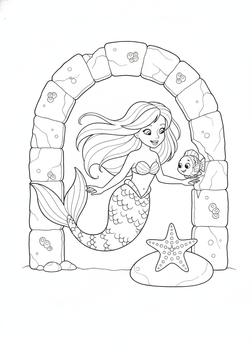 Cheerful Mermaid Princess Underwater Archway Coloring Page