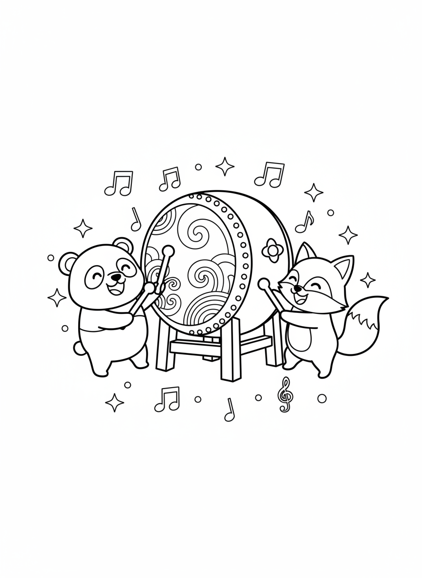 Cheerful Taiko Drum Fun: Panda & Fox Play Music