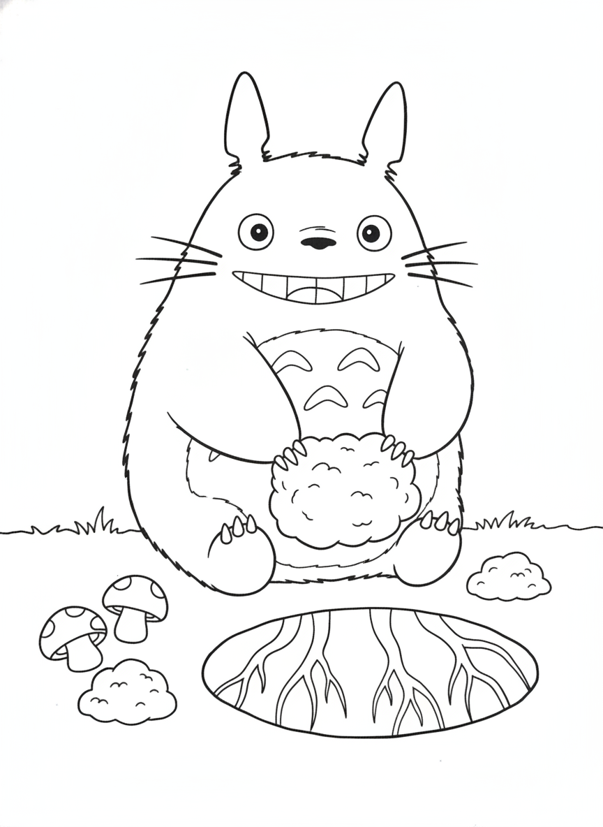 Cheerful Totoro Digging a Burrow Coloring Page for Kids