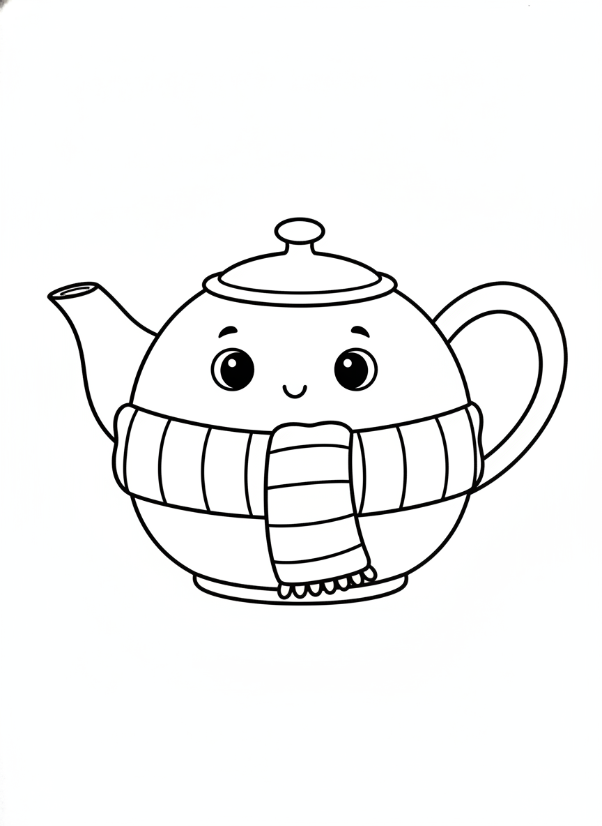 Cozy Cartoon Teapot with Striped Scarf Coloring Page