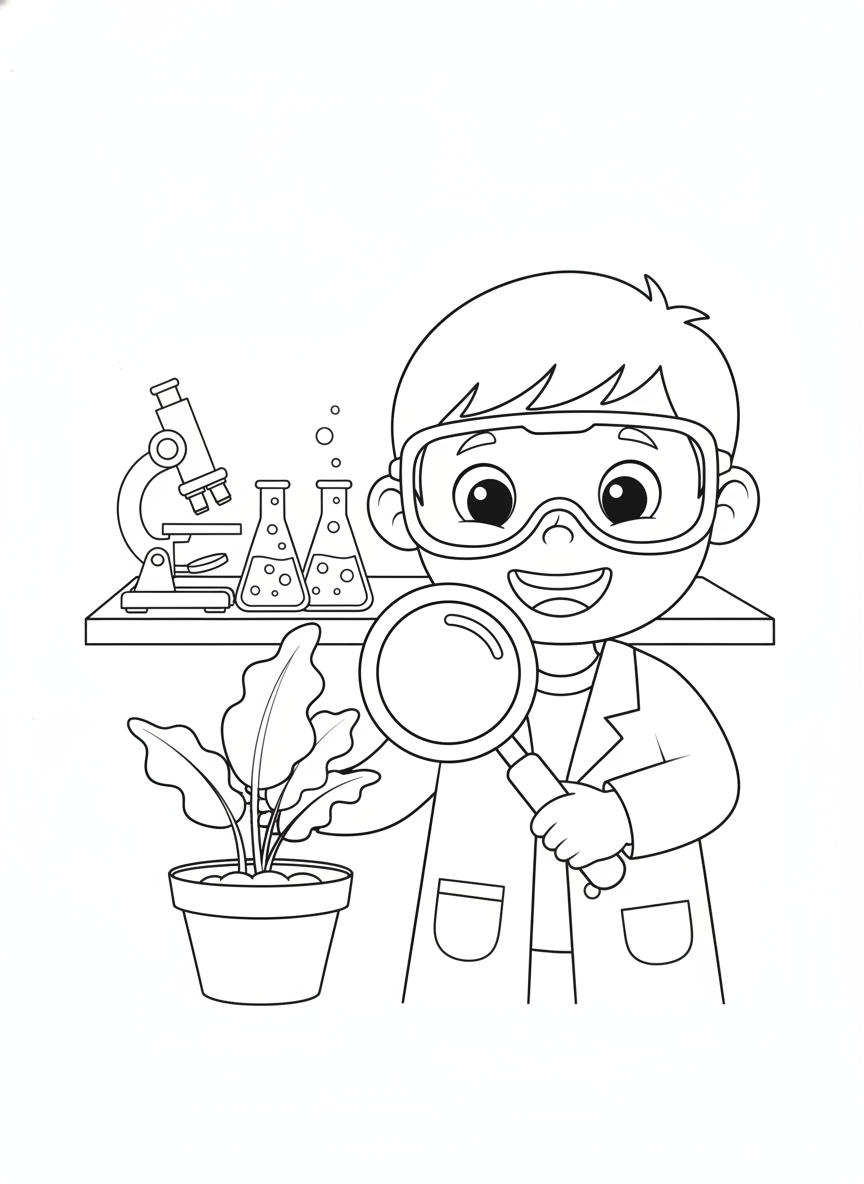 Curious Child Scientist with Plant: A Fun Lab Adventure Coloring Page