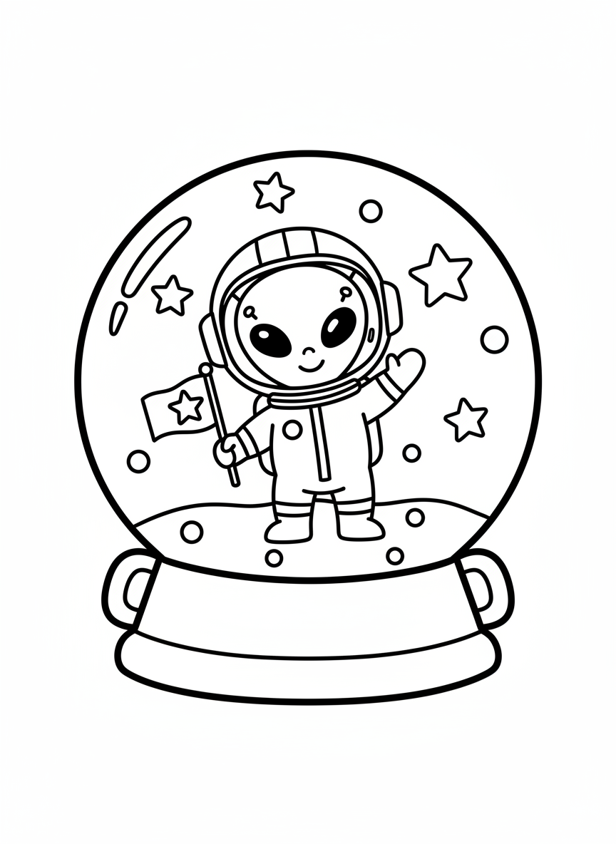 Cute Alien Astronaut Snow Globe Coloring Page