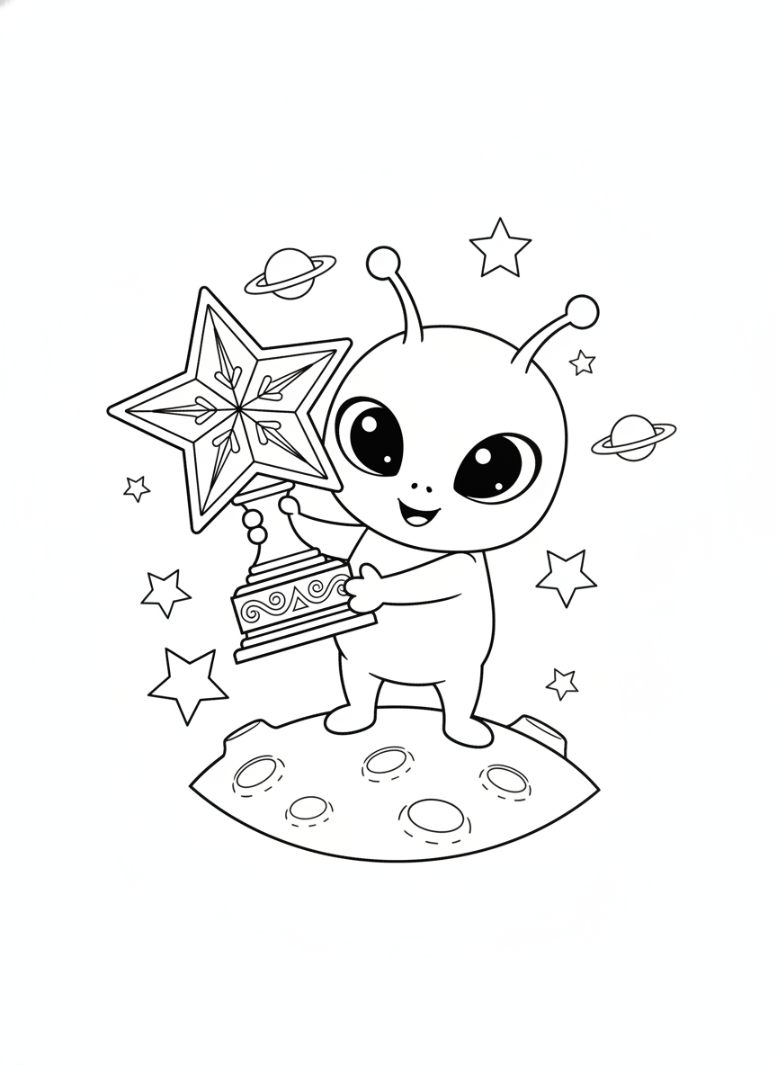 Cute Alien with Star Trophy Coloring Page for Kids