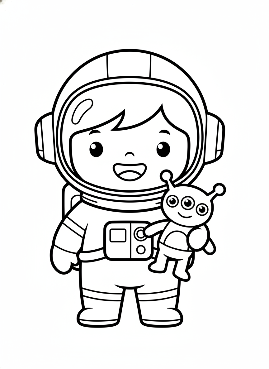 Cute Astronaut & Alien Toy Coloring Page