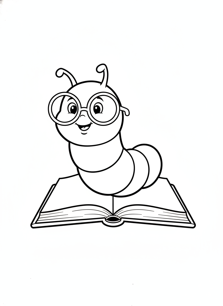 Cute Bookworm on an Open Book Coloring Page for Kids