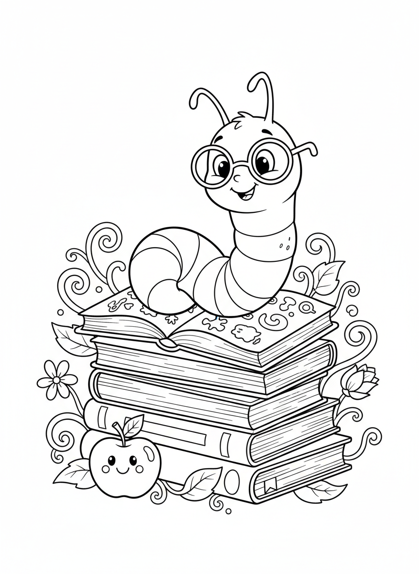 Cute Bookworm on Storybooks Coloring Page