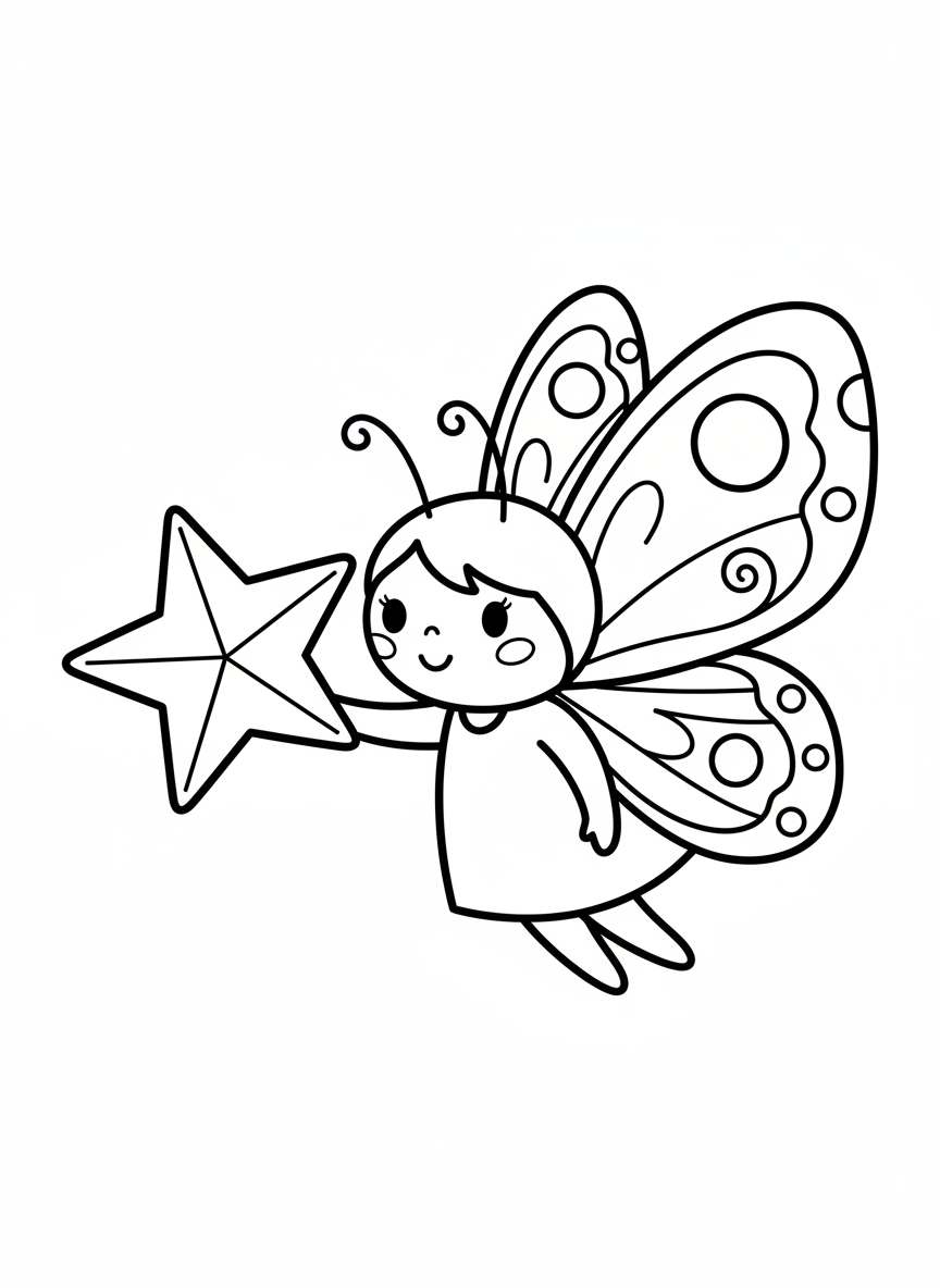 Cute Butterfly Fairy with Star Coloring Page