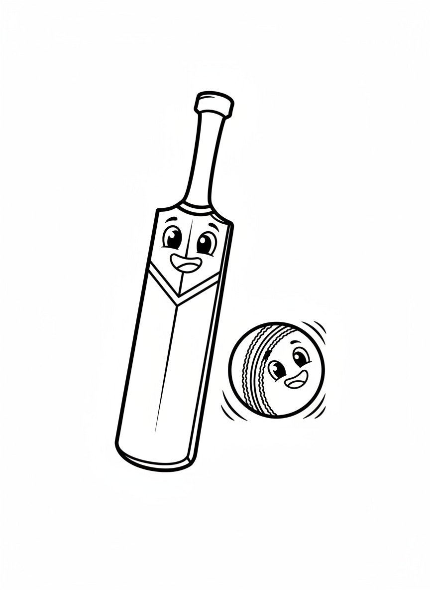 Cute Cricket Bat and Ball Coloring Page for Kids