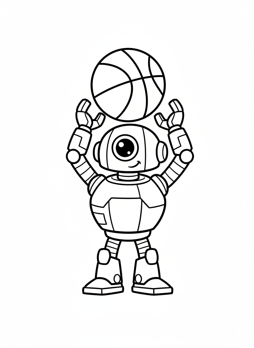 Cute Cyclops Robot Playing Basketball Coloring Page