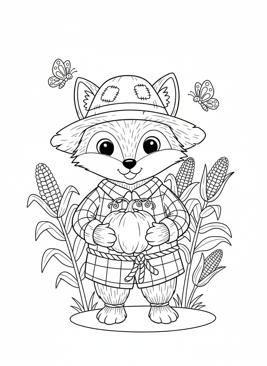 Cute Fox Scarecrow Coloring Page for Kids