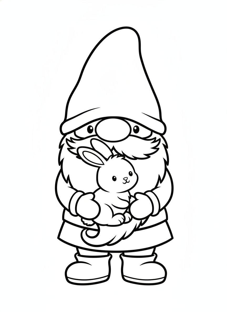 Cute Garden Gnome and Bunny Coloring Page for Kids