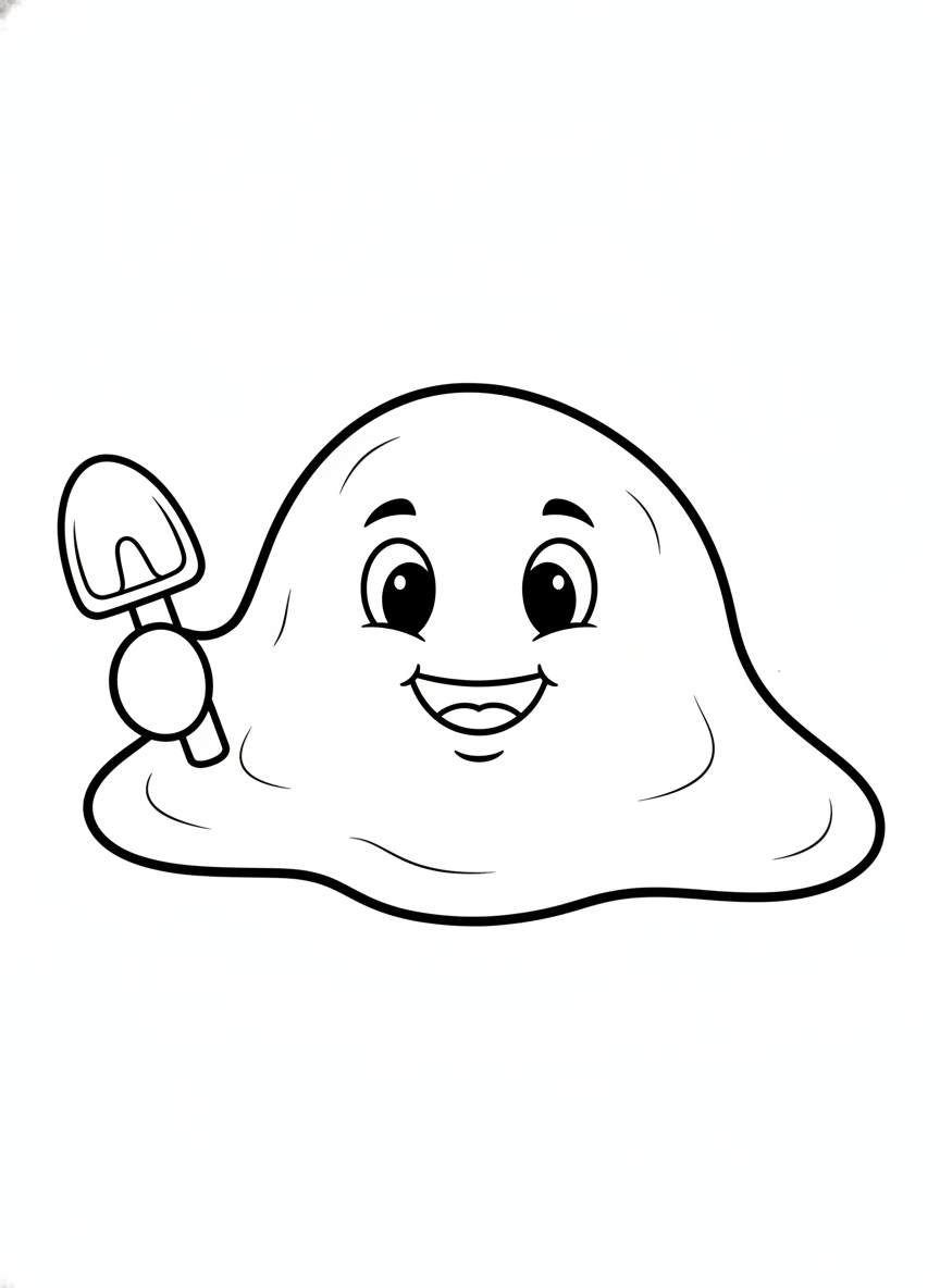 Cute Kinetic Sand Blob with Shovel Coloring Page for Kids