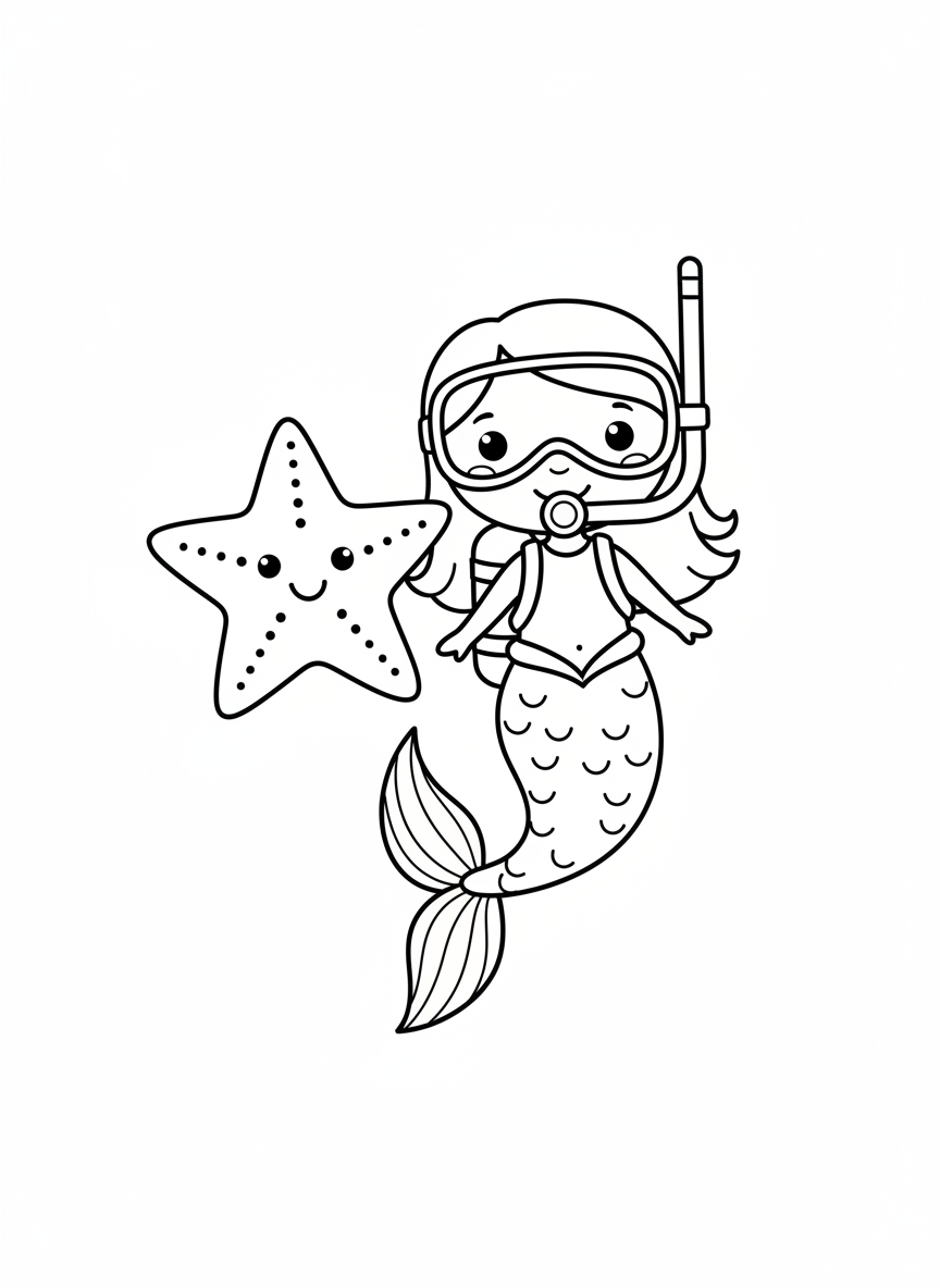 Cute Mermaid Diver & Starfish Coloring Page