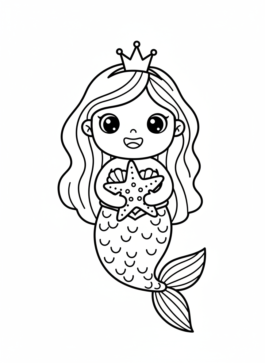 Cute Mermaid Princess with Starfish Coloring Page