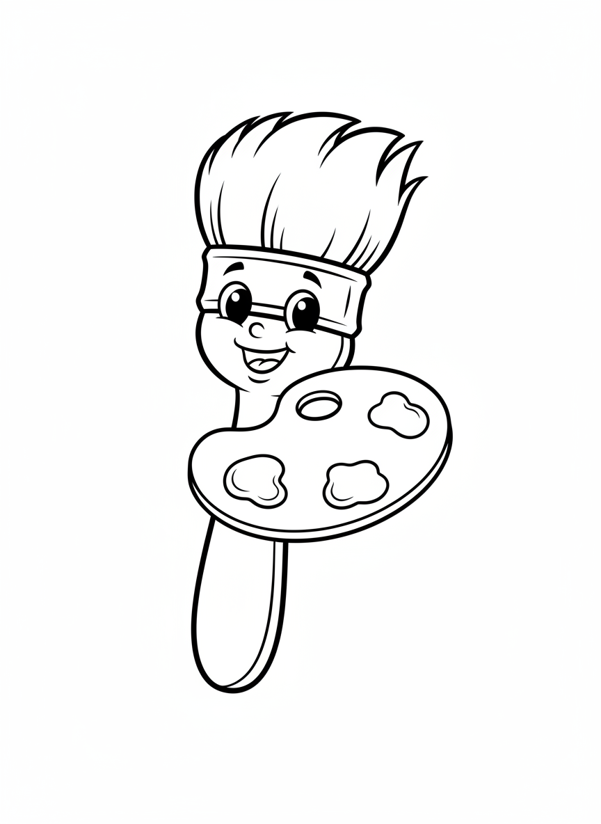 Cute Paintbrush & Palette Coloring Page for Kids