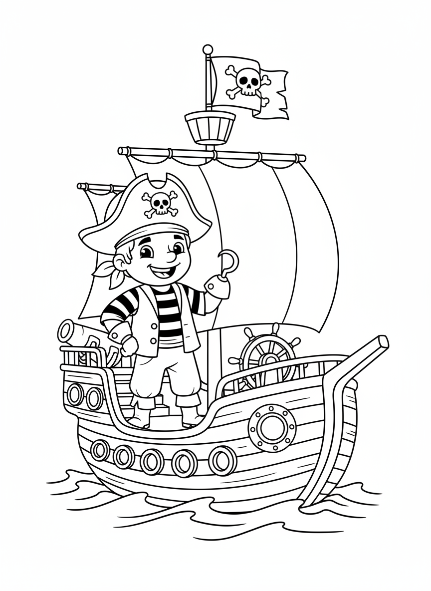 Cute Pirate Captain Ship Adventure Coloring Page