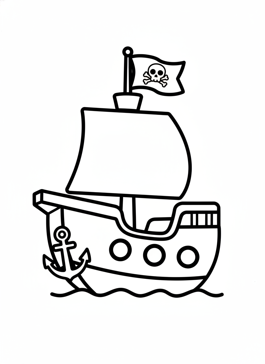 Cute Pirate Ship Coloring Page for Kids - Simple Cartoon Adventure