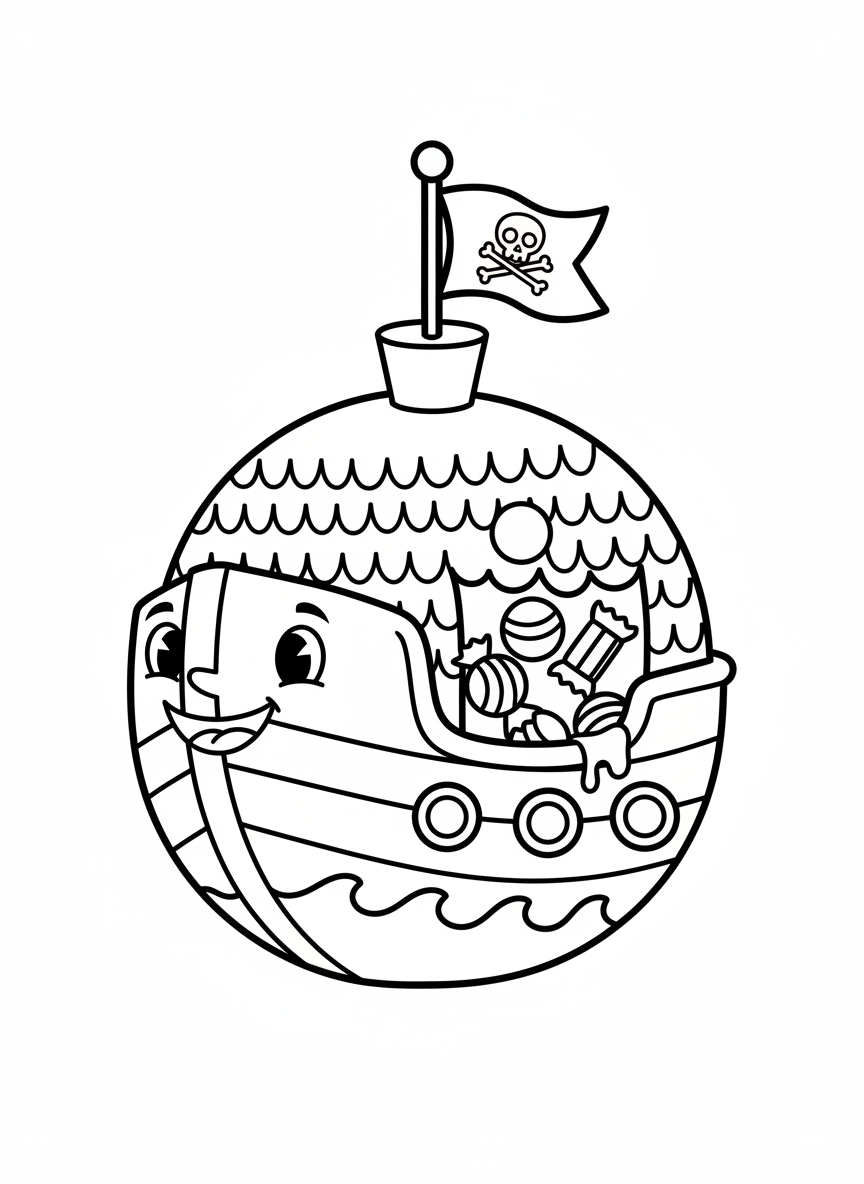 Cute Pirate Ship Piñata Coloring Page for Kids