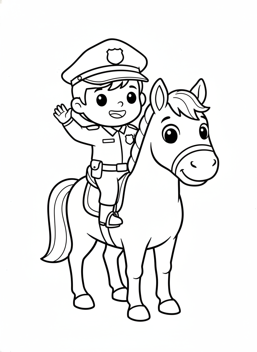 Cute Police Officer on Horse Coloring Page