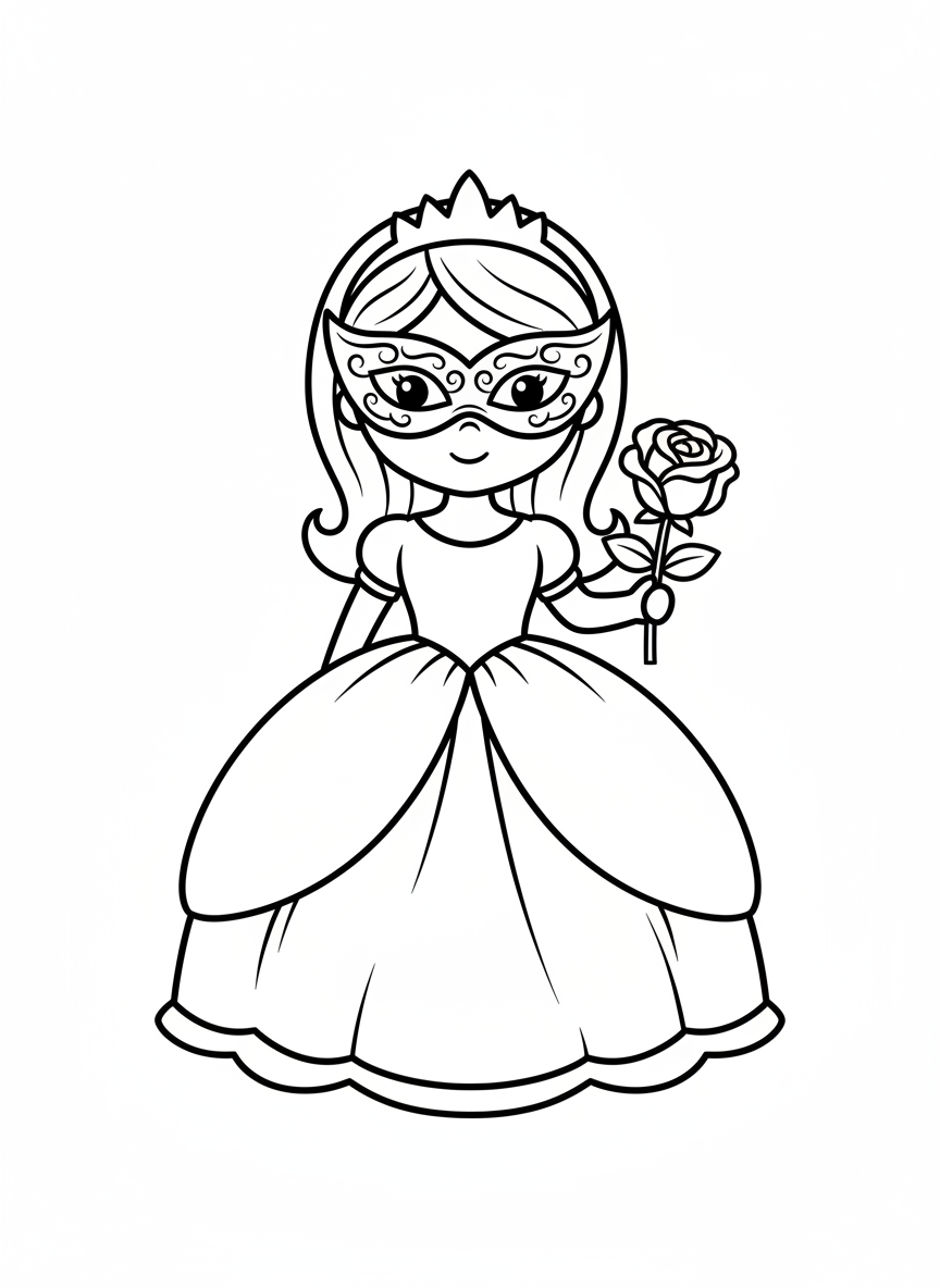 Cute Princess with Mask and Rose Coloring Page
