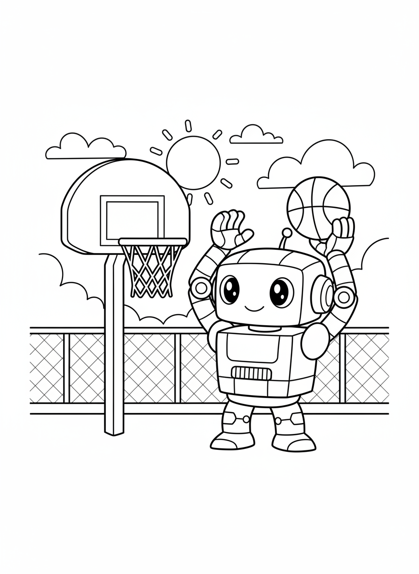 Cute Robot Basketball Free Throw Coloring Page