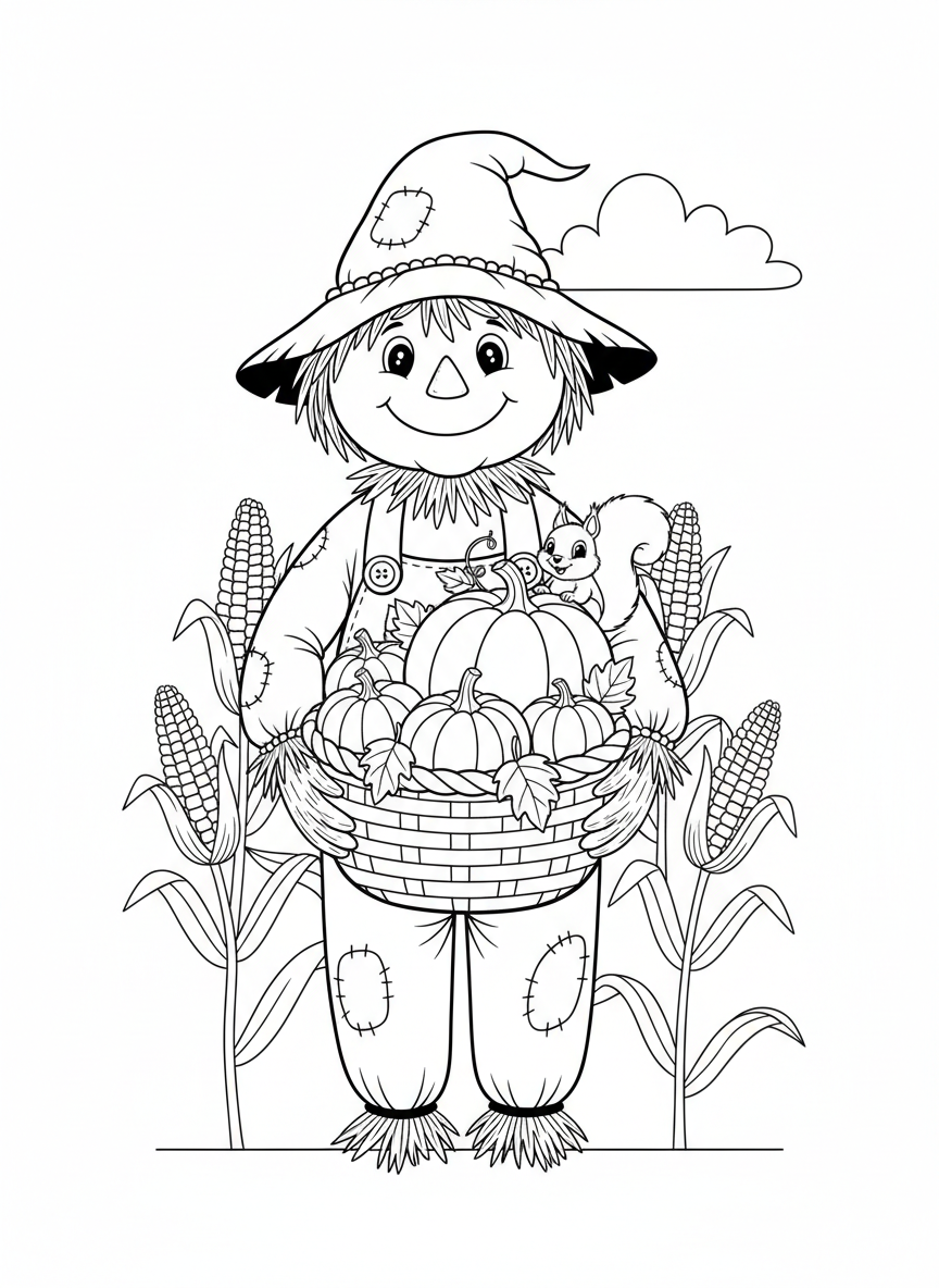 Cute Scarecrow & Pumpkin Harvest Coloring Page