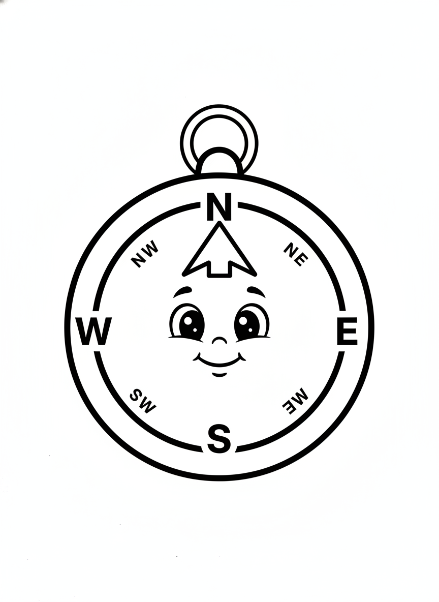 Cute Smiling Cartoon Compass Coloring Page for Kids