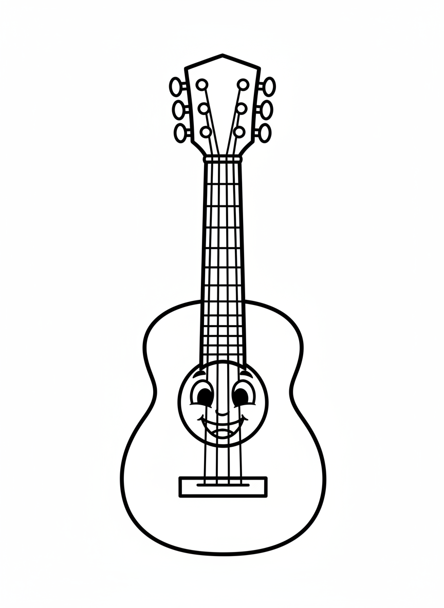 Cute Smiling Guitar Coloring Page for Kids