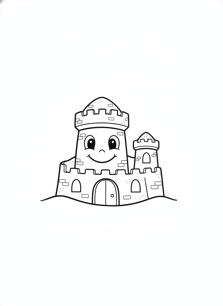 Cute Smiling Sandcastle Coloring Page for Kids