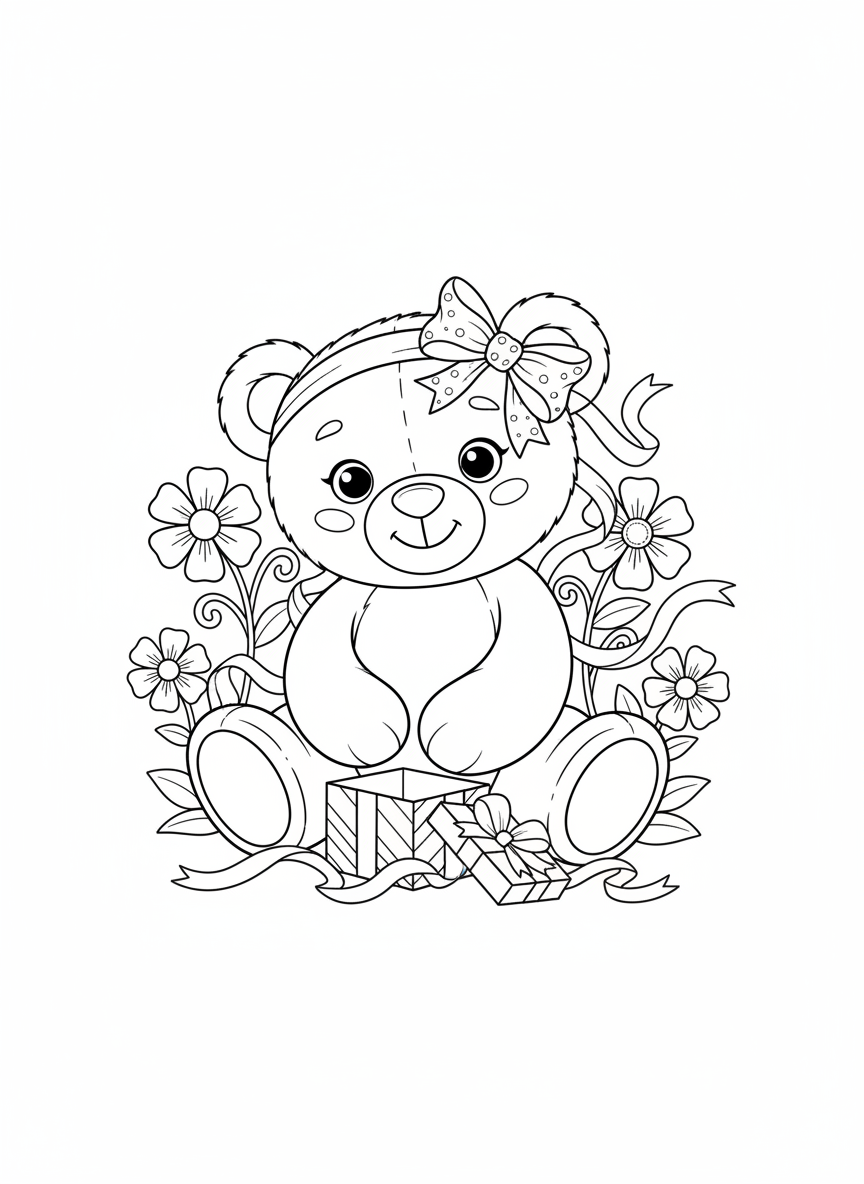 Cute Teddy Bear in Garden Coloring Page