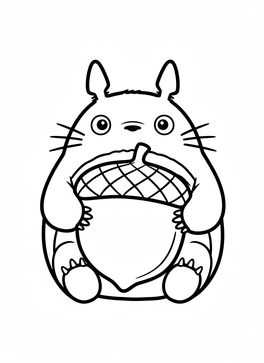 Cute Totoro with Acorn Coloring Page