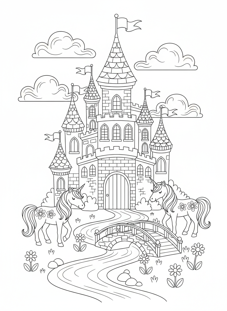 Enchanted Princess Castle with Unicorns Coloring Page