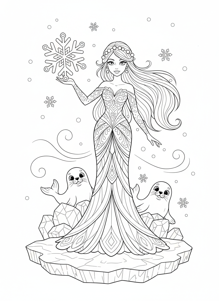 Enchanting Ice Fairy & Playful Seals Coloring Page