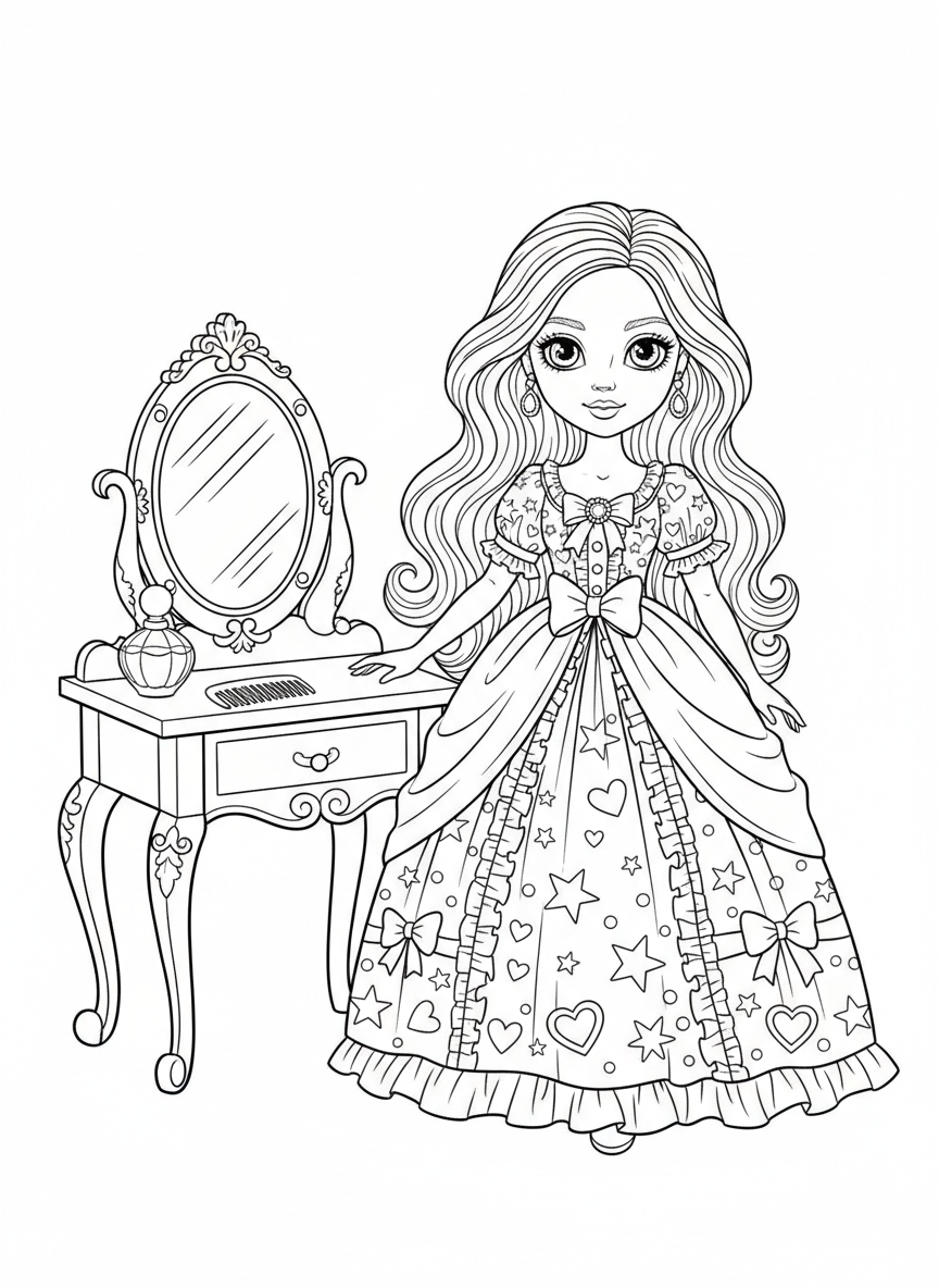 Fashion Doll at Vanity Table Coloring Page