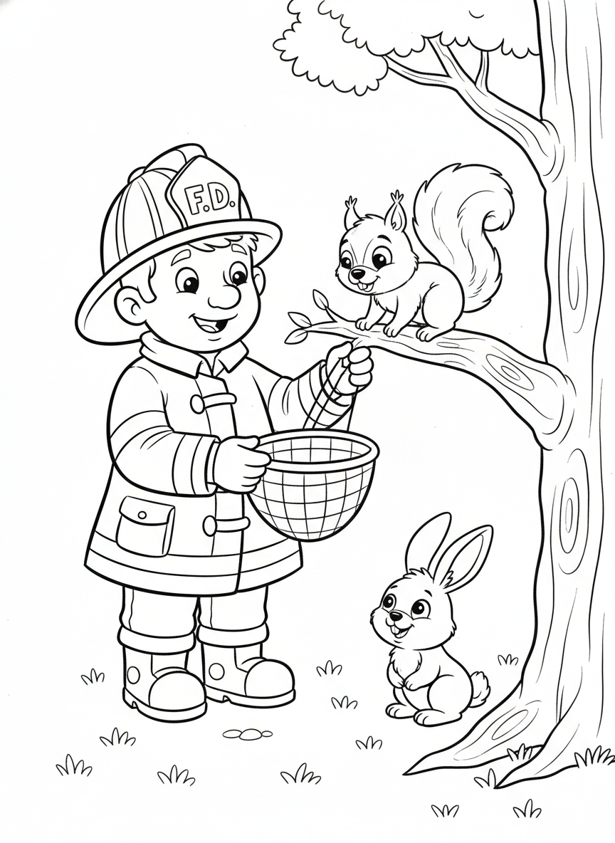 Firefighter Saves Squirrel Coloring Page
