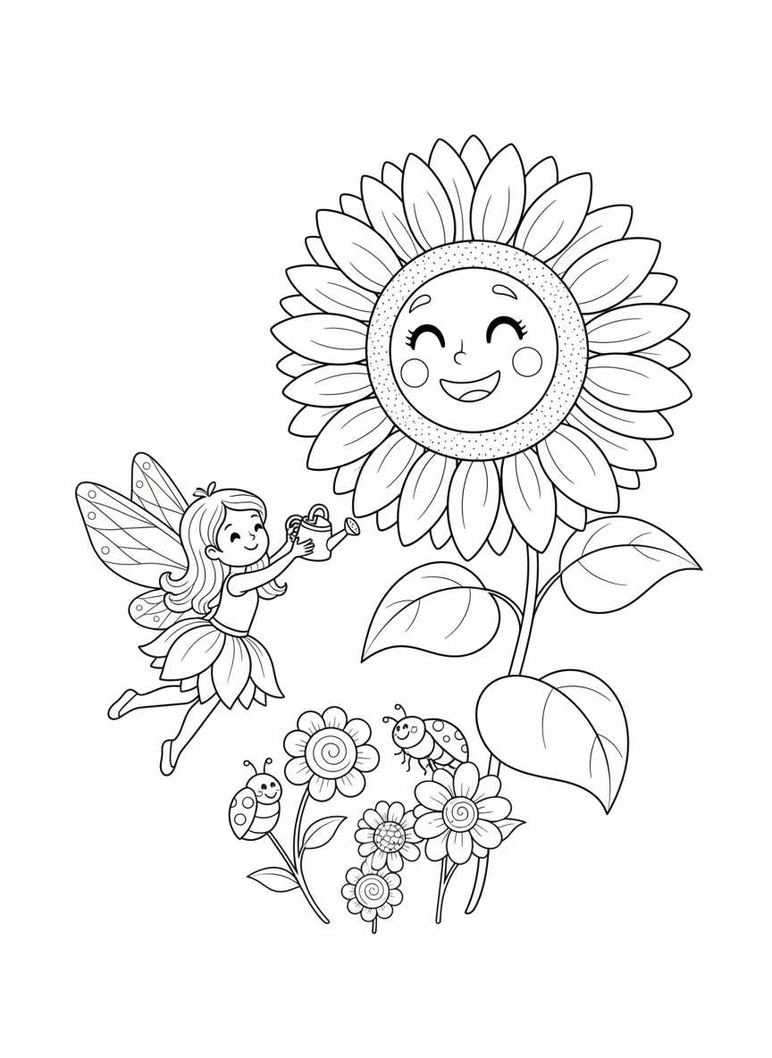 Flower Fairy & Smiling Sunflower Coloring Page