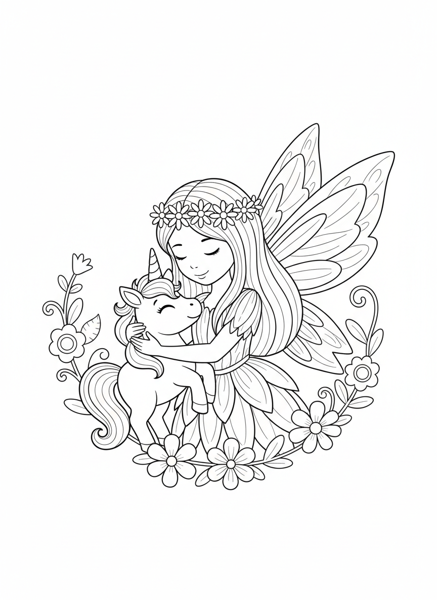 Flower Fairy & Unicorn Foal Coloring Page