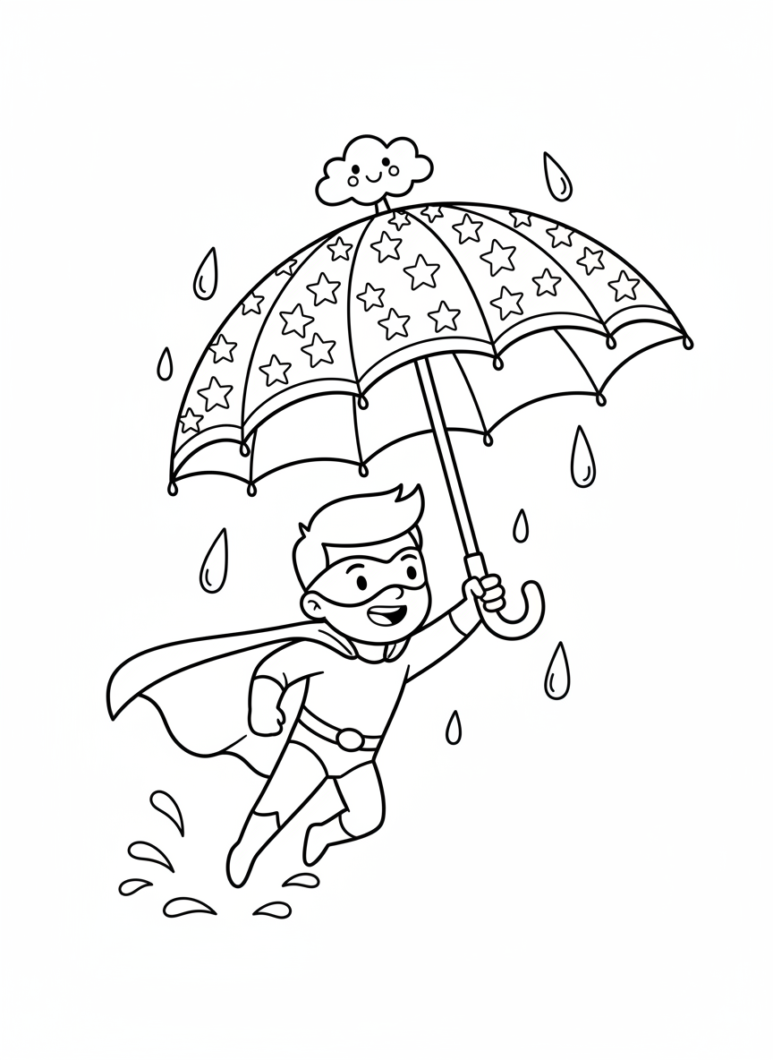 Flying Superhero with Umbrella Coloring Page