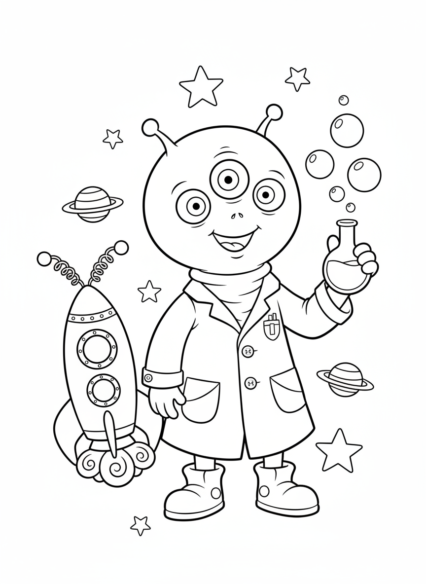 Friendly Alien Inventor & Rocket Coloring Page